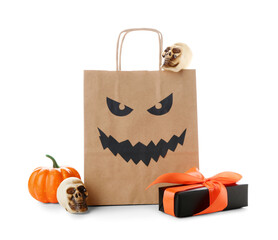 Poster - Paper shopping bag, gift box and decorations for Halloween on white background