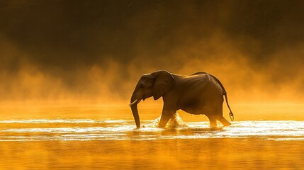 Poster -   An elephant gracefully traverses through a hazy waterway with its trunk raised high