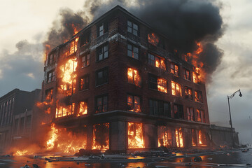 A burning building with flames and smoke engulfing the windows and facade.