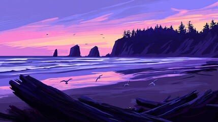 Wall Mural -   A painting of a sunset beach with flying birds and a distant rock formation