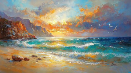 Wall Mural -   Sunset at Beach with Flying Bird, Cliff in Distance