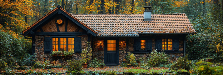 Cozy stone cottage nestled in the woods with warm lights glowing from the windows.