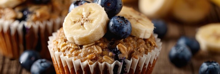 Poster - Close-up of a plant-based dessert featuring a vegan muffin made with oatmeal, bananas, and blueberries.