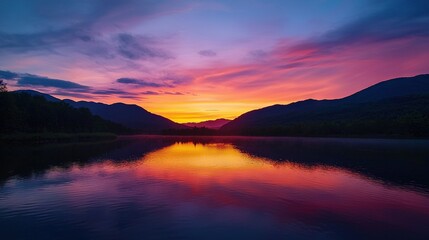 Wall Mural -   A stunning waterway, bathed in the glow of a picturesque sunset, surrounded by majestic mountain ranges and softly billowing clouds