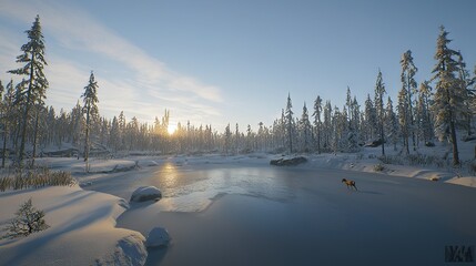 Poster -   A dog standing on snow near a water body with trees surrounding it