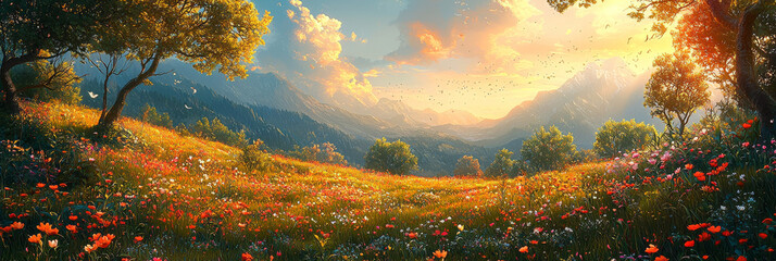 Wall Mural - A breathtaking view of a lush meadow with colorful wildflowers, surrounded by majestic mountains and a golden sunset sky.