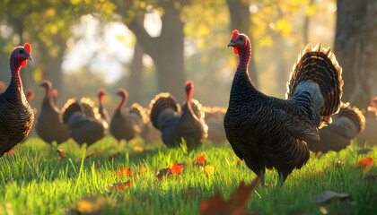 A close-up of a wild turkey in a grassy field with fallen leaves.