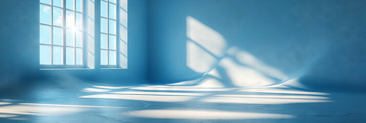 Sticker - Sunlight streams through a large window in a bright blue room, creating abstract shadows on the floor.