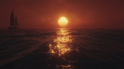 Poster -   The sun is setting over the ocean with a sailboat in the foreground and a boat in the distance