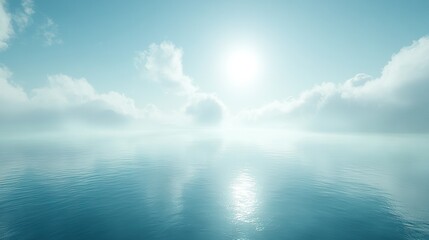 Wall Mural -   Large body of water with bright sun and cloudy sky