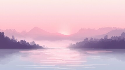 Wall Mural -  Sunset over Water with Trees and Mountains