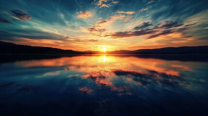 Poster -   Sunset in the center of a vast water body with a scattering of clouds overhead