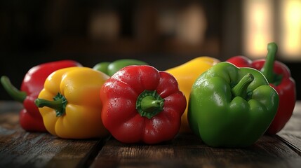 Wall Mural -   A crisp row of bell peppers perched atop a wooden slate, framed by a sharp focus on their vibrant hues and a fuzzy backdrop of verd