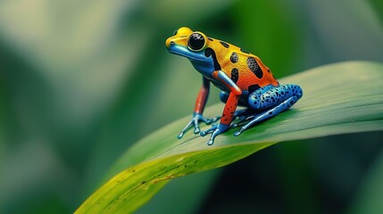   A frog perched atop green grass, its red and blue skin glistening with water droplets on its legs