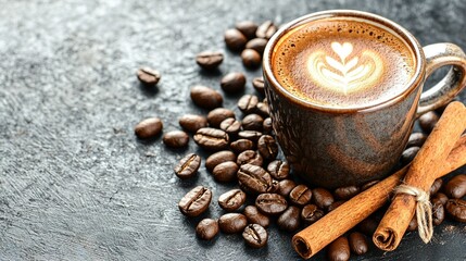   A cup of coffee sits atop a mound of coffee beans alongside cinnamon sticks and a single cinnamon stick