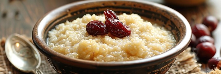 Canvas Print - Bowl of millet porridge topped with jujube on a table