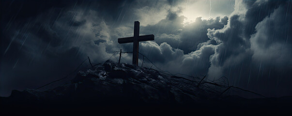 cross in clouds symbol of the death and resurrection , copy space for text.