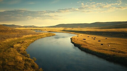 Poster -   A river runs through two lush green fields, with cows grazing on one