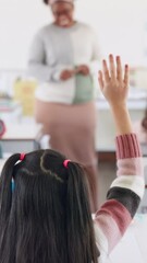 Aufkleber - Girl, question and teacher in classroom for education, school and study with active learning lesson. Student, growth and back for development, knowledge and interactive quiz or discussion with why