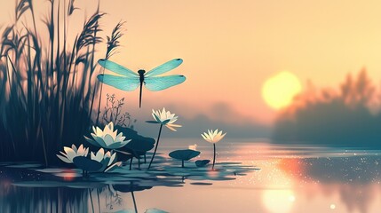 Poster -   Dragonfly sitting on lily pad by water lilies