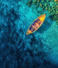 Canvas Print -  A yellow boat bobbing on water's surface beside a verdant jungle brimming with palms