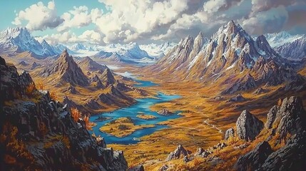 Wall Mural -   A serene painting depicts a mountain range with a tranquil lake in the foreground, while majestic mountains loom in the background Softly billowing clouds grace the sky