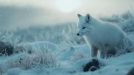 Wall Mural -   A white fox perches atop a snow-capped hill, surrounded by a lush forest of tall grasses