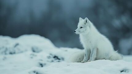 Poster -   A white fox perched atop a snow-covered terrain surrounded by trees in the background