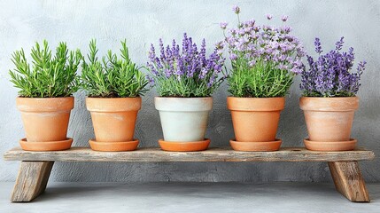 Poster -   A cluster of potted plants resting atop a wooden bench, positioned against a gray wall and another wooden bench