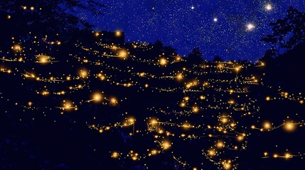 Wall Mural -   A sky brimming with stars and a forest bustling with towering trees bathed in warm yellow lights