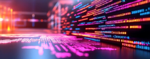 Coding in a high-tech lab, floating digital code, futuristic setting, neon lighting