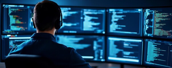 Futuristic coding screens, programmer with virtual displays, dark blue tones