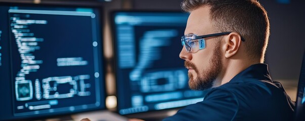 Hologram screens, programmer at work, advanced tech lab, dark modern setting