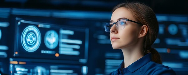 hologram screens, programmer at work, advanced tech lab, dark modern setting