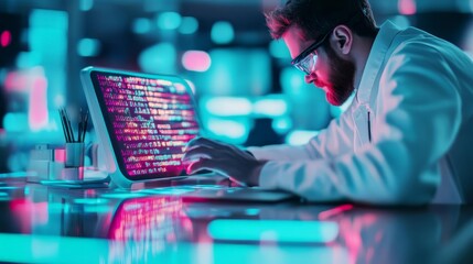 Programmer at holographic desk, virtual code projections, ultra-modern tech setting