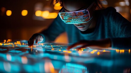 Programmer at holographic desk, virtual code projections, ultra-modern tech setting