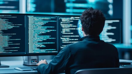 programmer with hologram data, futuristic coding setup, blue and silver environment