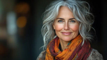 Confident older woman with gray hair smiling, wearing a colorful scarf, outdoor portrait, natural beauty, elegance, aging gracefully, contentment, stylish mature lady