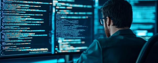 Software engineer, digital code floating, ultra-modern workspace, glowing blue interface