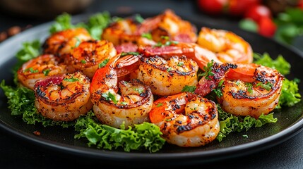 Wall Mural -   Grilled Shrimp and Lettuce on Black Plate