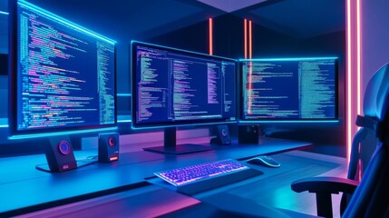 Virtual coding environment, augmented reality screens, sleek tech setup, neon blue
