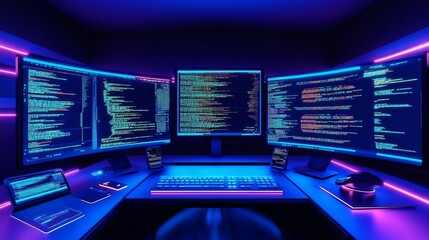 Virtual coding environment, augmented reality screens, sleek tech setup, neon blue
