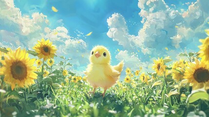 Poster -   Chicken in sunflower field with blue sky and clouds