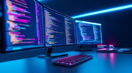 Virtual coding environment, augmented reality screens, sleek tech setup, neon blue