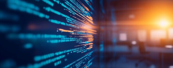 Virtual coding session, digital holograms, high-tech office, blue and dark hues