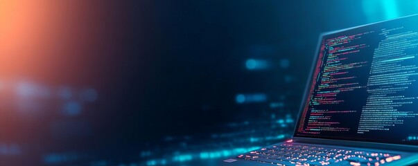 Virtual coding session, digital holograms, high-tech office, blue and dark hues