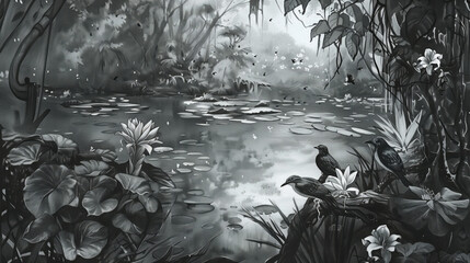 Black and white sketch style illustration of a rainforest lake surrounded with birds, flowers, trees, and leaves.