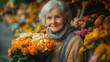 © Mark - Smiling elderly woman holding bouquet of vibrant flowers at outdoor market, cheerful expression, colorful floral arrangement, joyful senior, enjoying life and nature