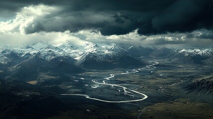 Poster -   An aerial view of the river running through the valley surrounded by mountains under a cloudy sky is shown, featuring the river as its focal point