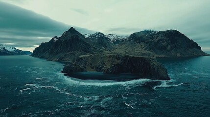 Poster -   An island with a mountain range in the background surrounded by ocean